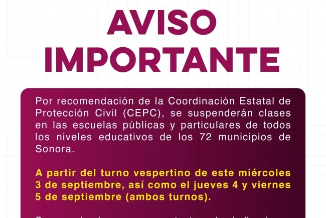 Emite Gobierno de Sonora medidas preventivas para el sector educativo ante pronóstico de lluvias: SEC