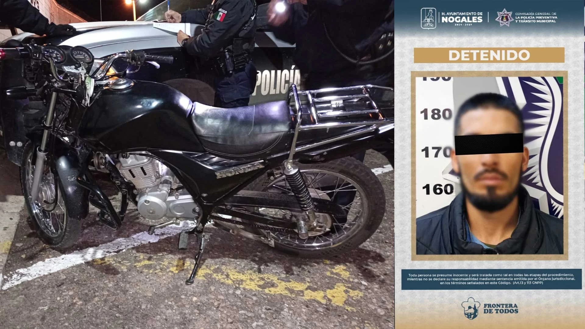 Policía municipal asegura moto robada y arresta al conductor en Nogales