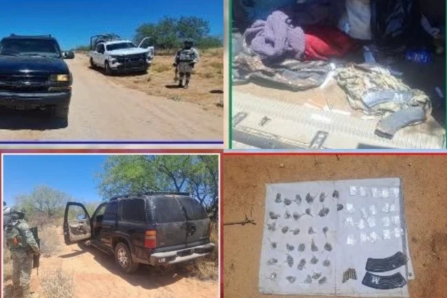 Operativo binacional termina con decomiso de rifles, droga y equipo táctico en zona desértica