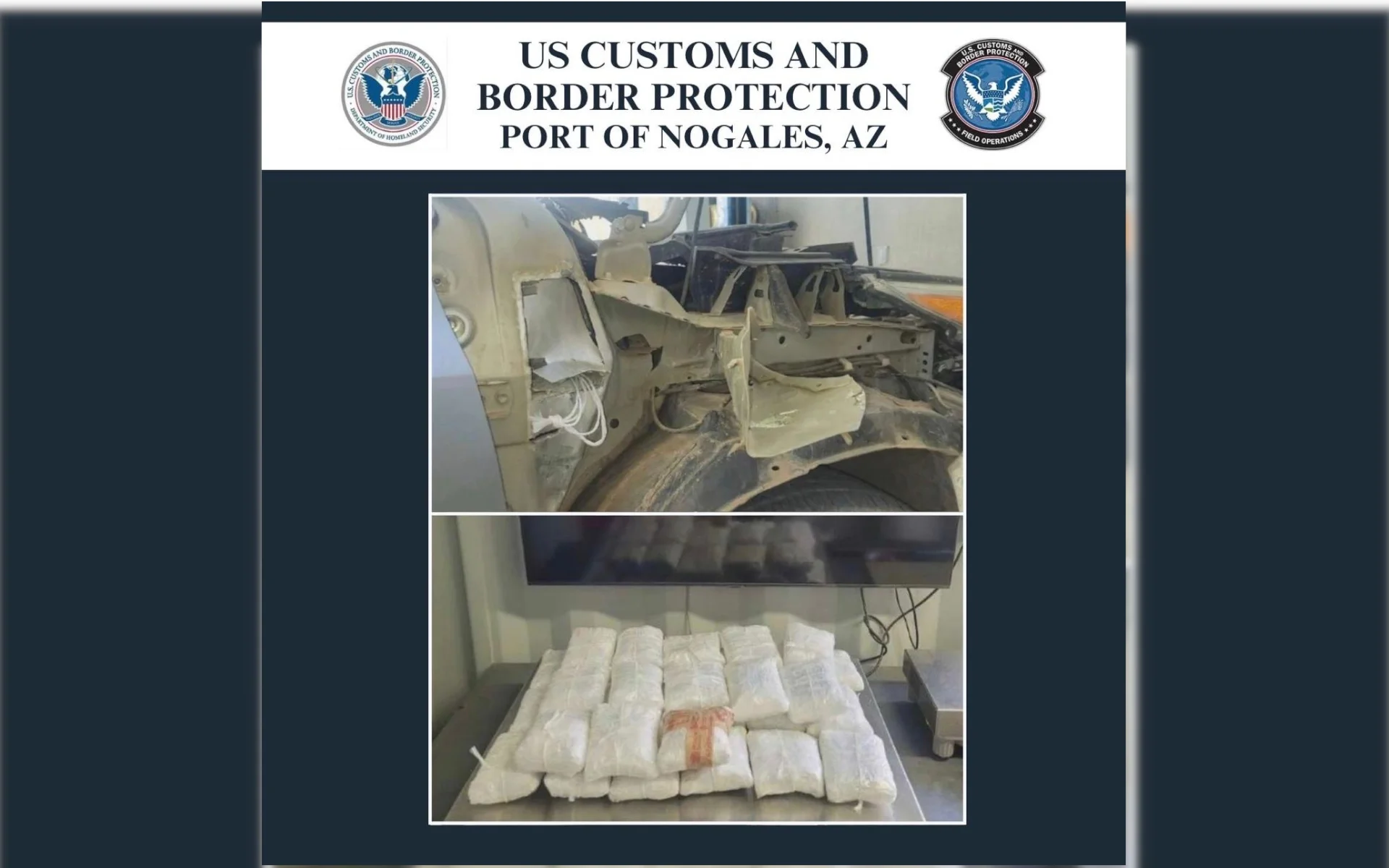 Aseguran cargamento de fentanilo oculto en vehículo procedente de Sonora en Nogales, Arizona