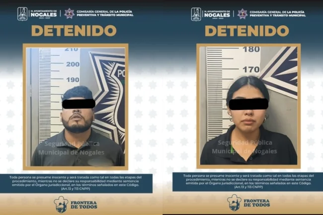 Pareja es detenida con pistola y 13 cartuchos en camioneta en Nogales