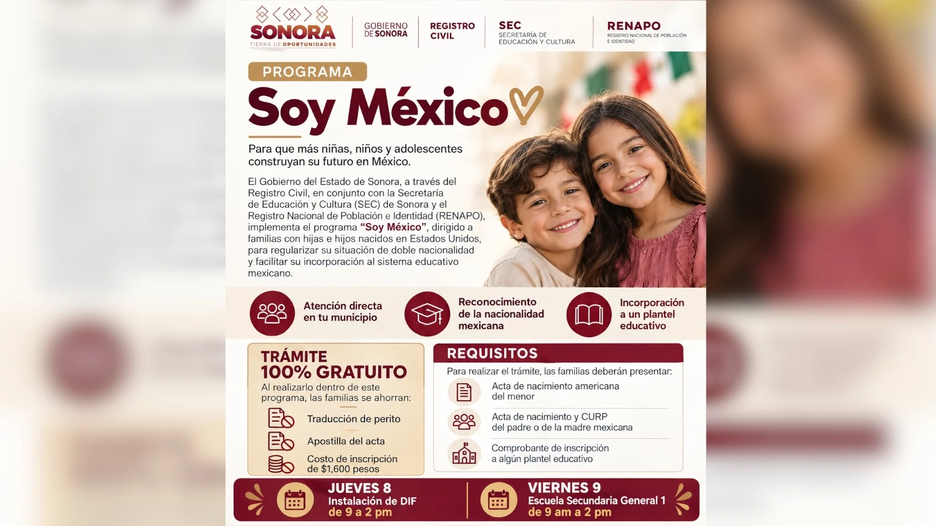Programa “Soy México” ofrecerá regularización gratuita a menores nacidos en Estados Unidos en Nogales