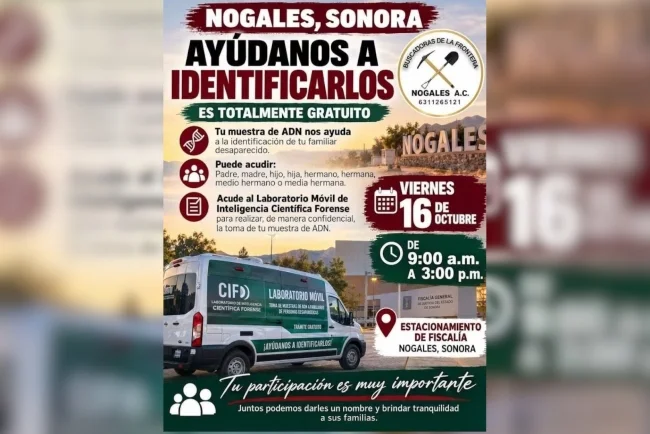 Realizarán jornada gratuita de toma de ADN para familiares de personas desaparecidas en Nogales