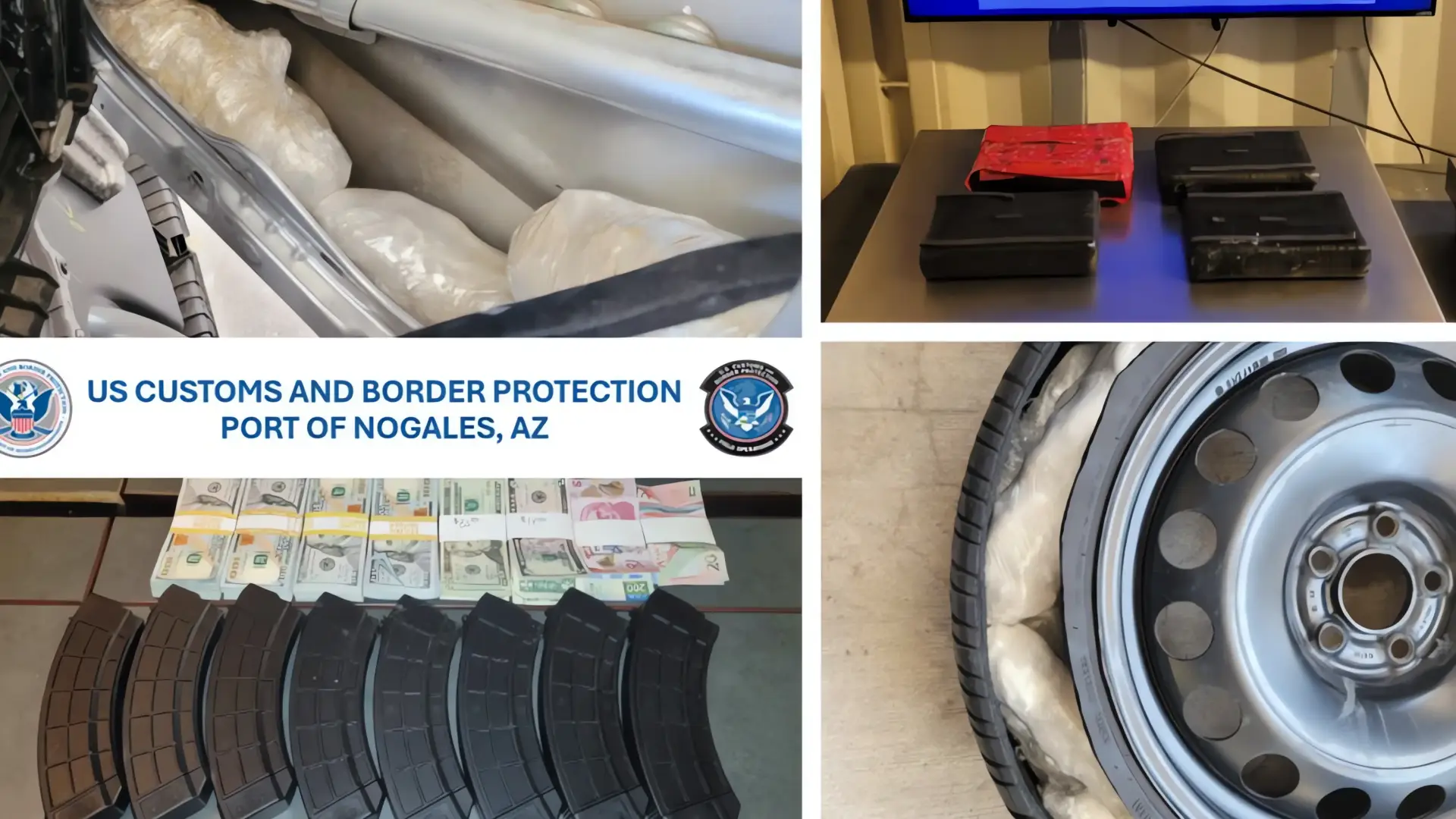 Operativo antidrogas en Nogales, Arizona: decomiso de droga, dinero y cargadores
