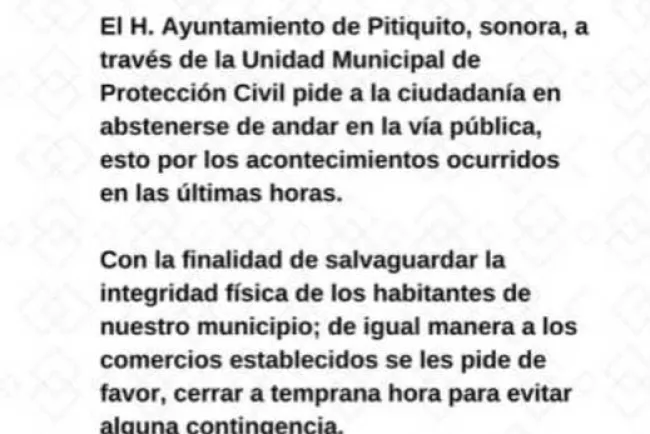 Permanece llamado de resguardarse ante violencia en Pitiquito