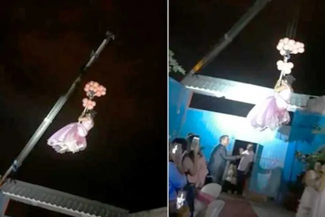 Llega quinceañera a su fiesta con ayuda de grúa