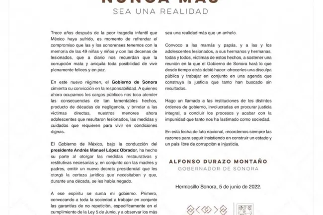 Ofrece disculpas públicas gobierno por guardería ABC