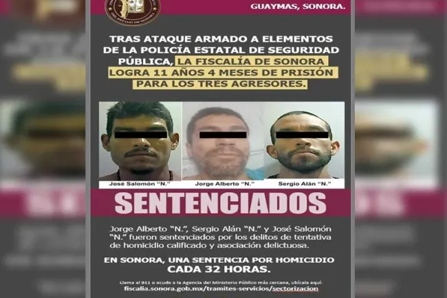 Dan 11 años de prisión a agresores de policías en Guaymas