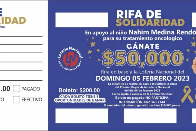 Piden apoyo para niño con cáncer; realizan rifa de 50 mp