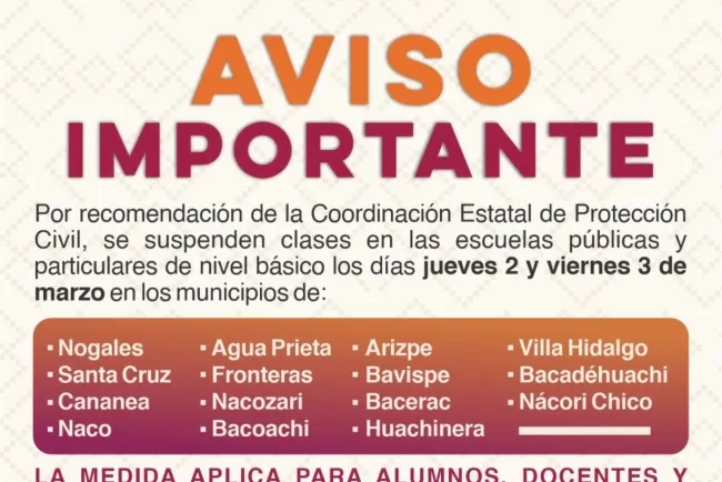 Recomienda la CEPC suspensión de clases en 15 municipios sonorenses