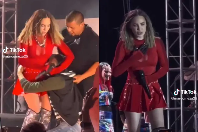 Tremendo susto se lleva Belinda en concierto; fan la abraza y no la suelta