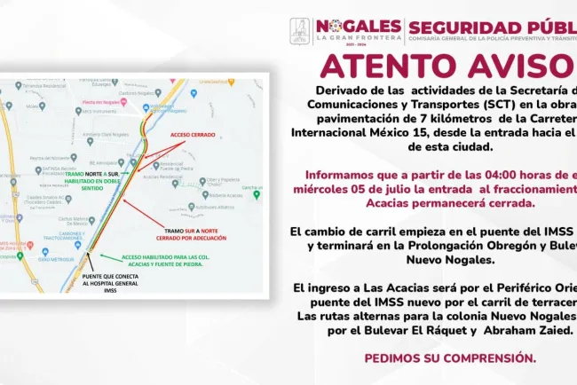 Anuncian cierre de entrada a Las Acacias por trabajos en carretera
