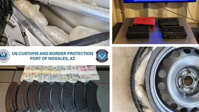 Operativo antidrogas en Nogales, Arizona: decomiso de droga, dinero y cargadores
