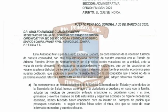 Solicita Peñasco a salud Estatal y  Federal Declaratoria de Emergencia Epidemiológica 