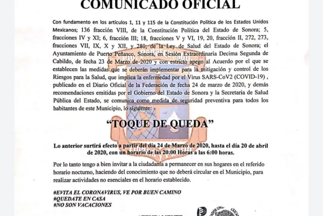 Decreta Ayuntamiento “Toque de queda”