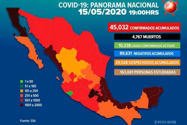 Suman 45,032 los casos de coronavirus en México