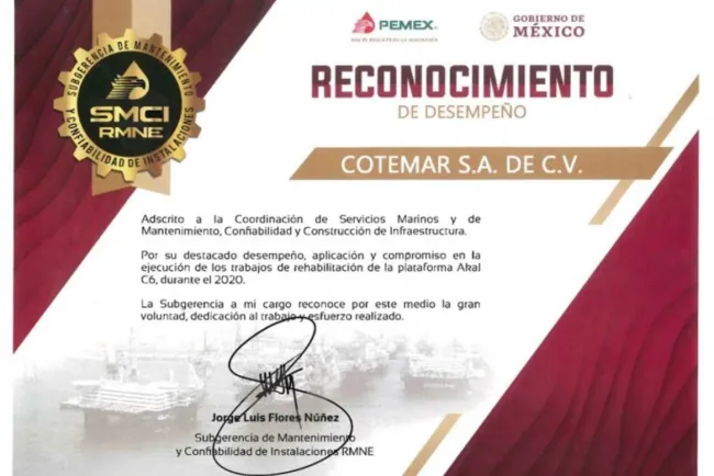 Concluye Cotemar rehabilitación de la plataforma Akal C-6 y recibe reconocimiento de Pemex