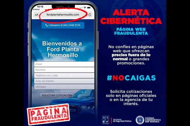 Advierte Unidad Cibernética de SSP Sonora por sitio fraudulento de venta de autos