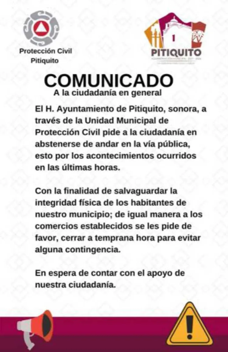 Permanece llamado de resguardarse ante violencia en Pitiquito