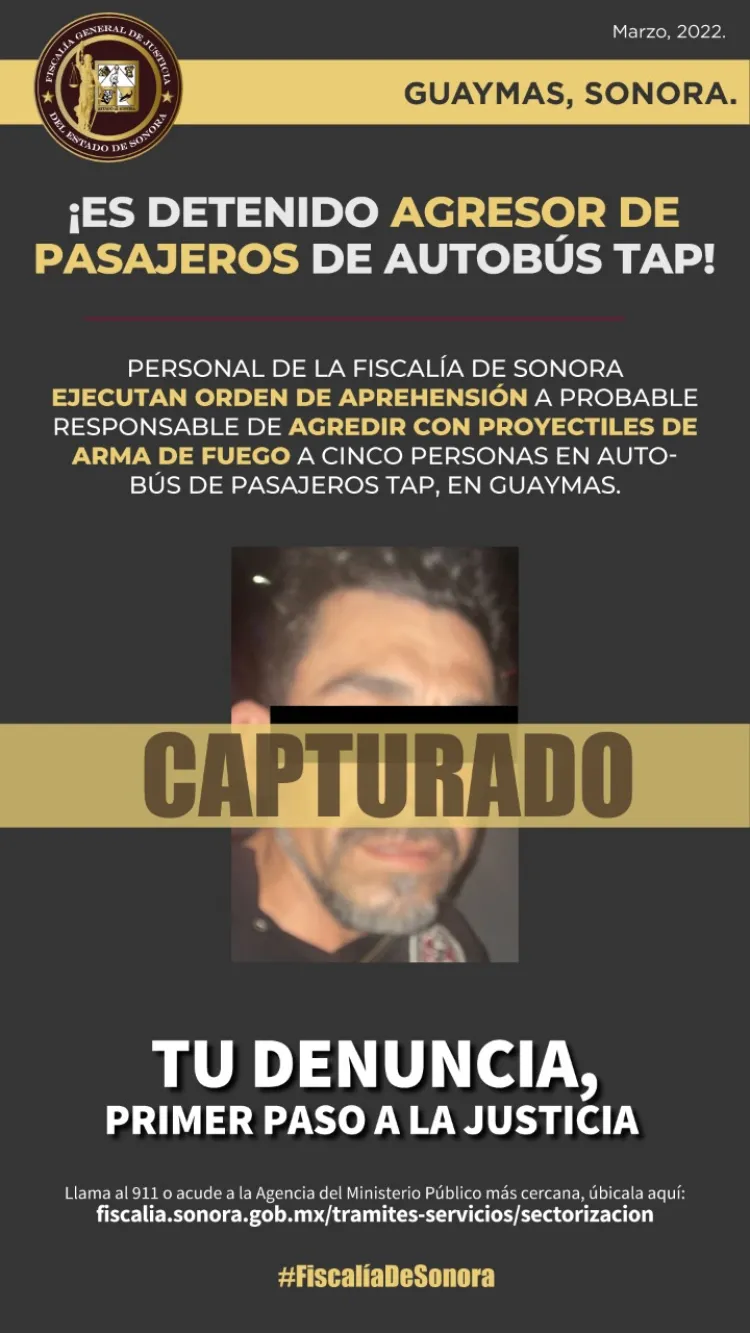 Detienen a agresor de pasajeros de autobus en Guaymas