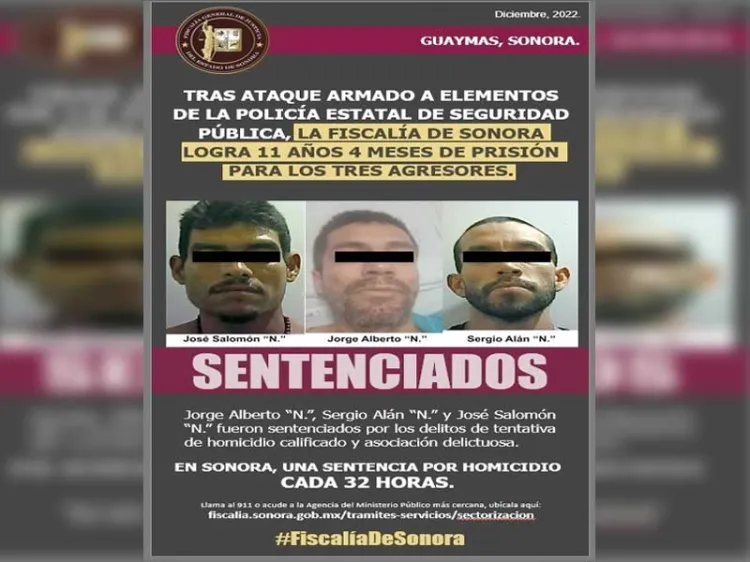 Dan 11 años de prisión a agresores de policías en Guaymas