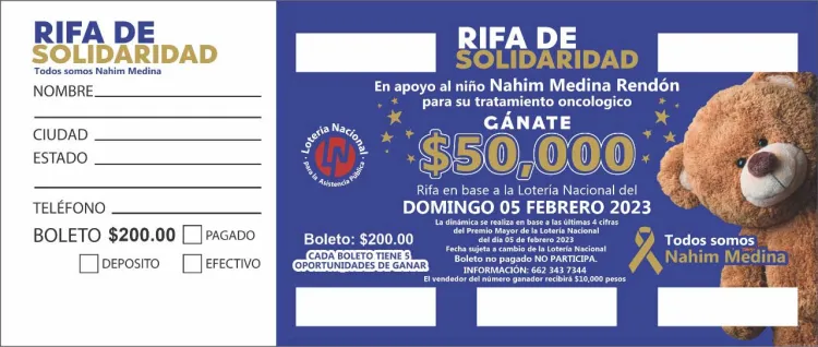 Piden apoyo para niño con cáncer; realizan rifa de 50 mp