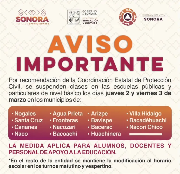 Recomienda la CEPC suspensión de clases en 15 municipios sonorenses