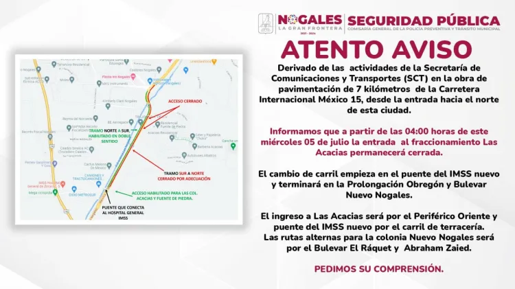 Anuncian cierre de entrada a Las Acacias por trabajos en carretera