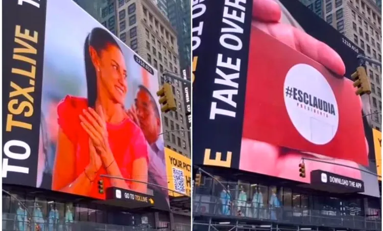 Proyectan publicidad de Sheinbaum en Times Square; la acusan de actos anticipados