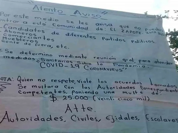 Comunidad de Hidalgo impondrá multa de 25 mil pesos a quien viole cuarentena