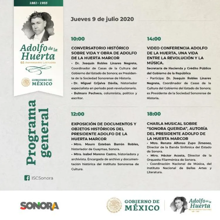 Invitan a recordar legado de Adolfo de la Huerta