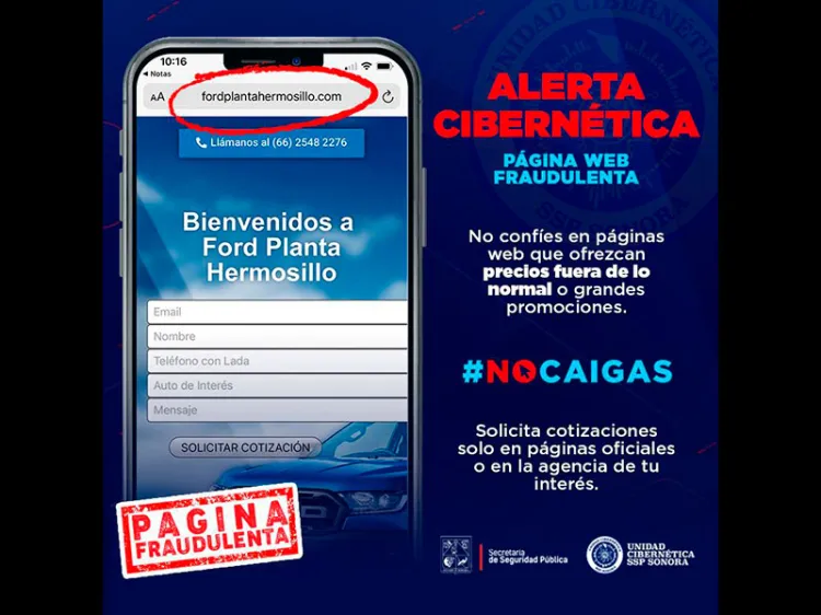 Advierte Unidad Cibernética de SSP Sonora por sitio fraudulento de venta de autos